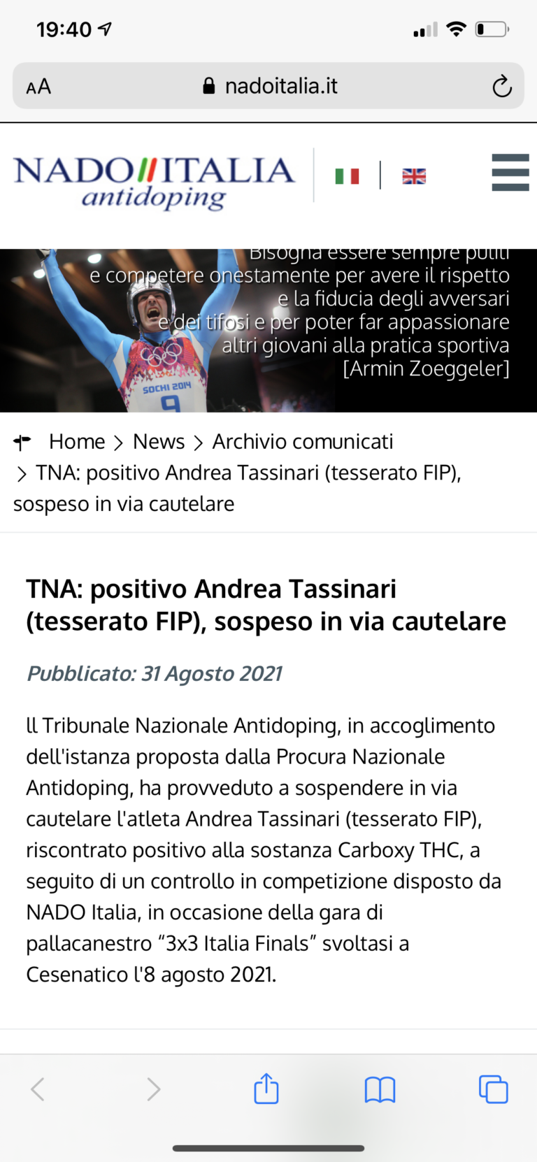 Andrea Tassinari positivo alla Carboxy THC durante le 3×3 Italia Finals