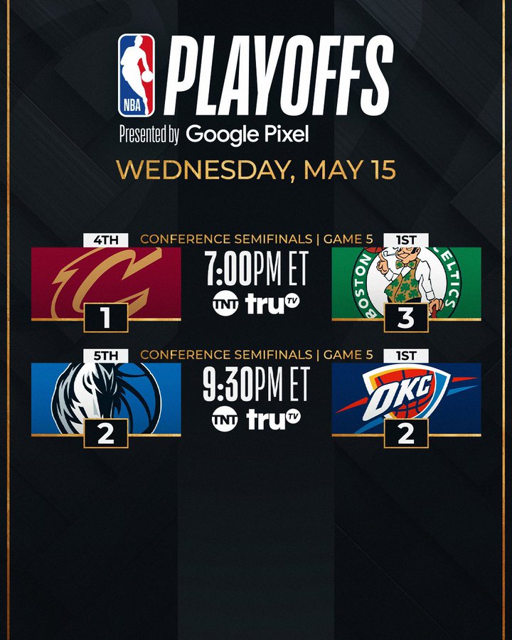 NBA Playoffs 2024, Game 5 tonight for CelticsCavs and ThunderMavs