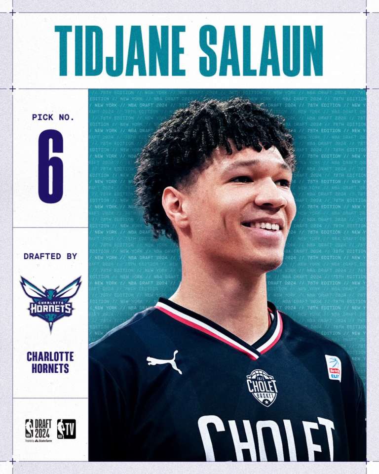 Tidjane Salaun is the sixth pick of the NBA Draft 2024 by the Charlotte