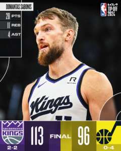 Doppia doppia Sabonis, tutto facile per i Kings con i Jazz