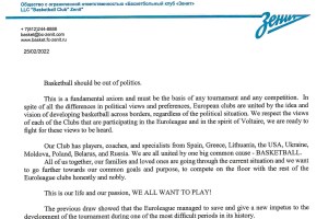 Basketball club Zenit: Basketball should be out of Politics