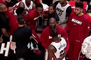 Jimmy Butler gets heated with Udonis Haslem & Erik Spoelstra during timeout