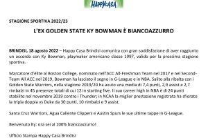 Happy Casa Brindisi, ufficiale l’accordo con Ky Bowman