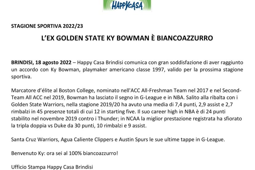 Happy Casa Brindisi ufficiale Ky Bowman