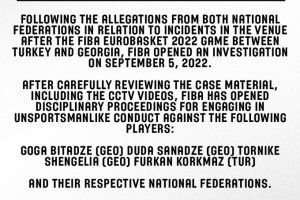 FIBA statement regarding incidents after the FIBA EuroBasket 2022 game between Turkey and Georgia