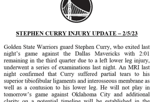 Warriors’ Stephen Curry (leg) expected to miss multiple weeks