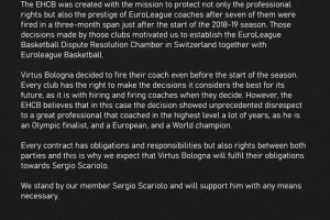 EHCB: we expect that Virtus Bologna will fulfil their obligations towards Sergio Scariolo