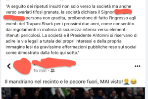 Trapani Shark, un utente deride il presidente. Il club lo banna da palazzo per due anni