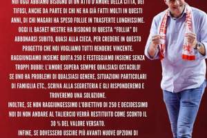 Mestre, Feliziani: “Obiettivo minimo del club è di 250 abbonati”