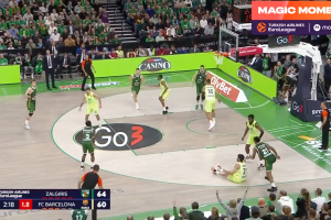 Zalgiris’ Sylvain Francisco scores a crazy triple