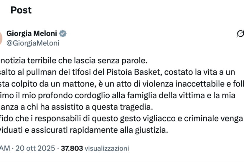 Sassi contro il pullman dei tifosi di Pistoia Basket 2000. Prende la parola anche il Presidente del Consiglio Giorgia Meloni