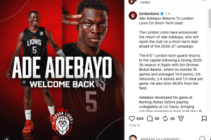 London Lions, Ade Adebayo torna con un contratto a breve termine
