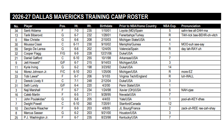 dallas mavs training camp