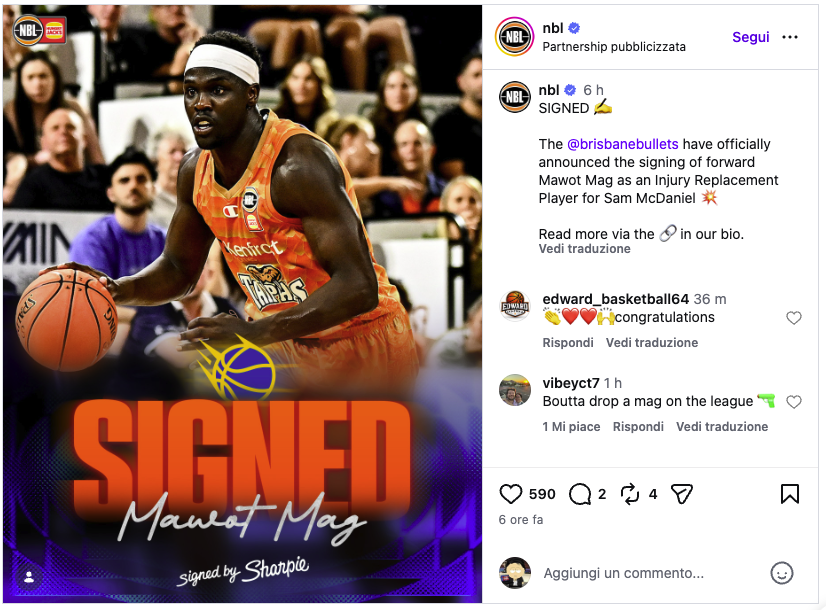 Brisbane Bullets sign Mawot Mag as injury replacement